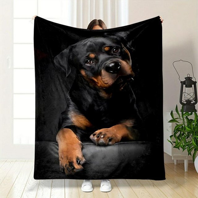Weiche Rottweiler Hund Decke als kuscheliger Überwurf für Sofa und Wohnzimmer, Farbe: Schwarz, B x T: 130 x 150 cm - Bild 1