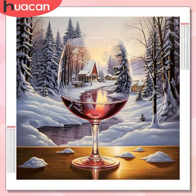 HUACAN Diamantmalerei Set Winter Haus Wald Landschaft als Mosaik Wanddeko in Mehrfarbig, B/H: 20 x 20 cm - Bild 1