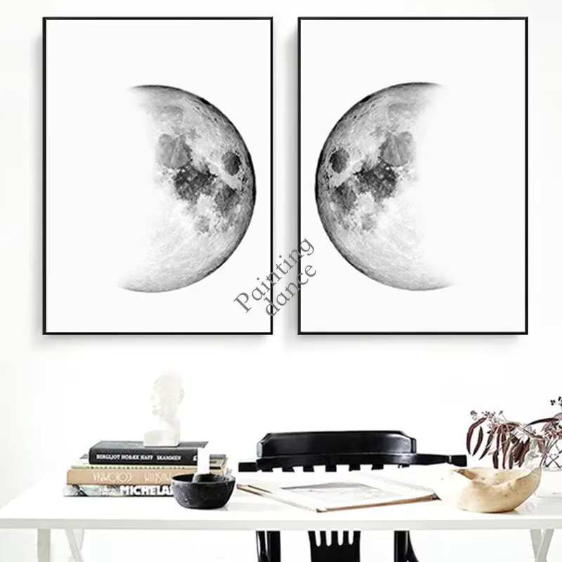 Minimalistisches Leinwandgemälde von Potdemiel mit Mondphasen und Erde in Schwarz-Weiß als Wandkunst im Portraitformat - Bild 1