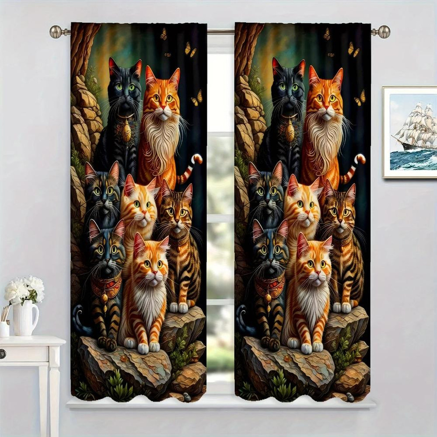 Yiran Furniture Fenstervorhänge mit Tierkatzen-Print, 2er-Set, halbtransparent, Polyester, Mehrfarbig, Breite: 50 cm, Höhe: 140 cm - Bild 2