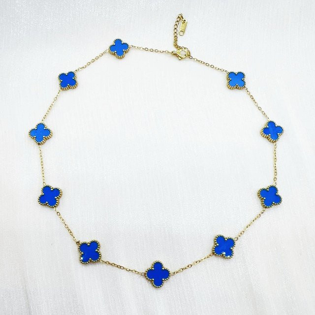 Hui Ran Halskette Titanstahl, Blumen, Kleeblatt, Blau, Damen - Bild 1