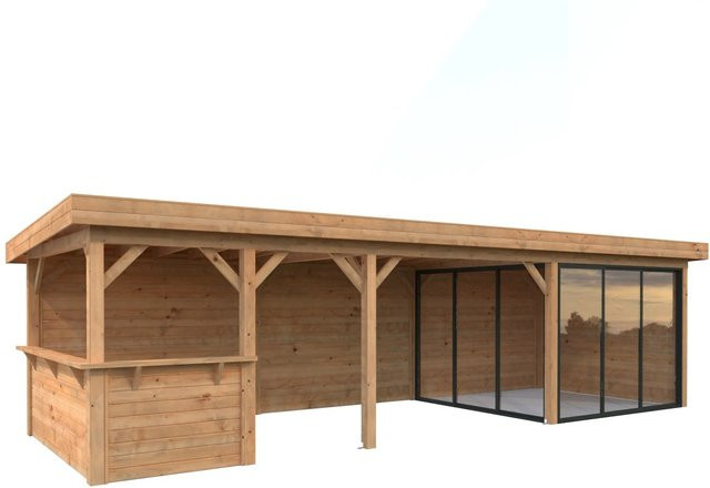 Palmako Pavillon Lenna Set 415 Slide aus Fichtenholz in Braun mit Alu-Schiebetüren und Flachdach B/H/T: 876 x 245 x 300 cm - Bild 1