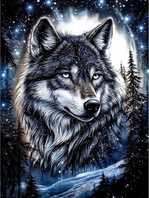 EverShine 5D Diamantmalerei Wolf DIY Mosaik Set mit rundem Layout in Multicolour zur modernen Wanddekoration B: 30,0 cm, H: 20,0 cm - Bild 1
