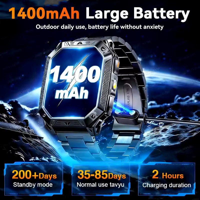 GUHUAVMI Outdoor Sport Smartwatch mit 1400 mAh Akku, 5ATM Wasserdichtigkeit, Bluetooth Anruffunktion, Taschenlampe und Gesundheitsmonitor in Grau und Orange - Bild 3