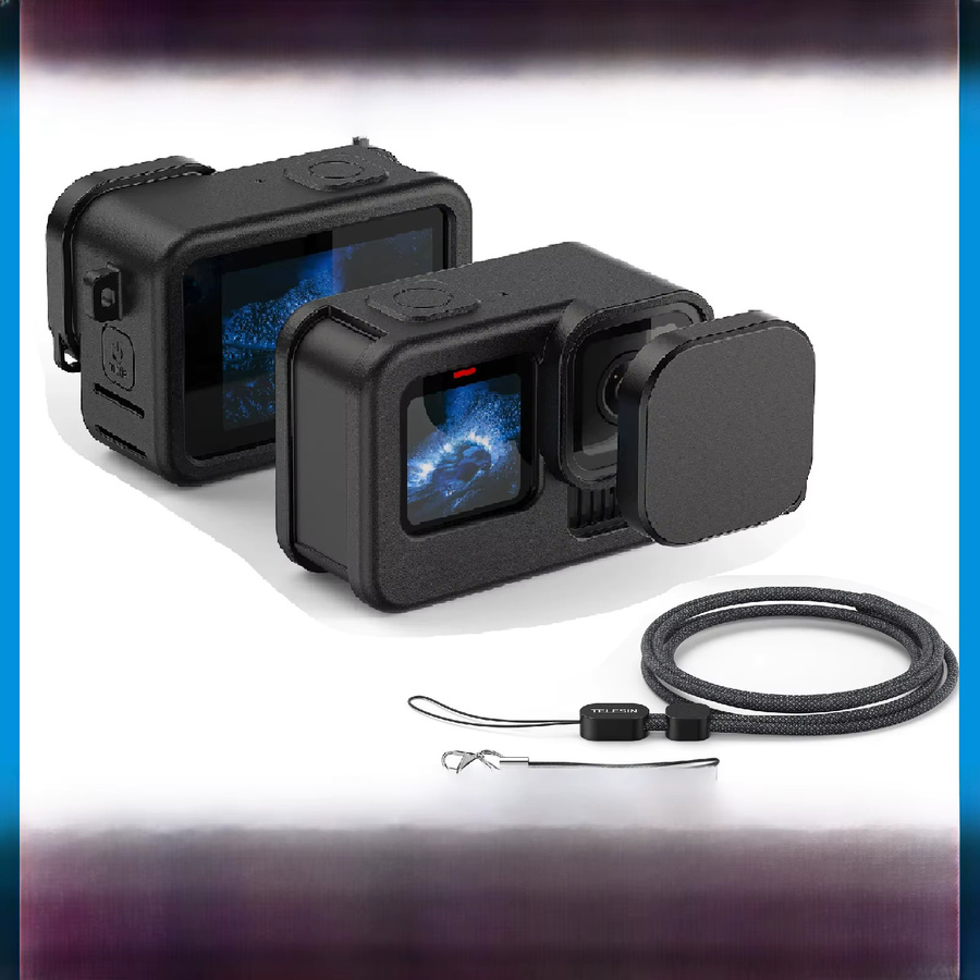 TELESIN Silikon-Schutzhülle für GoPro Hero 9 10 11 12 13 inklusive Objektivdeckel und Hand-Hals-Handgelenkschlaufe in Schwarz - Bild 1