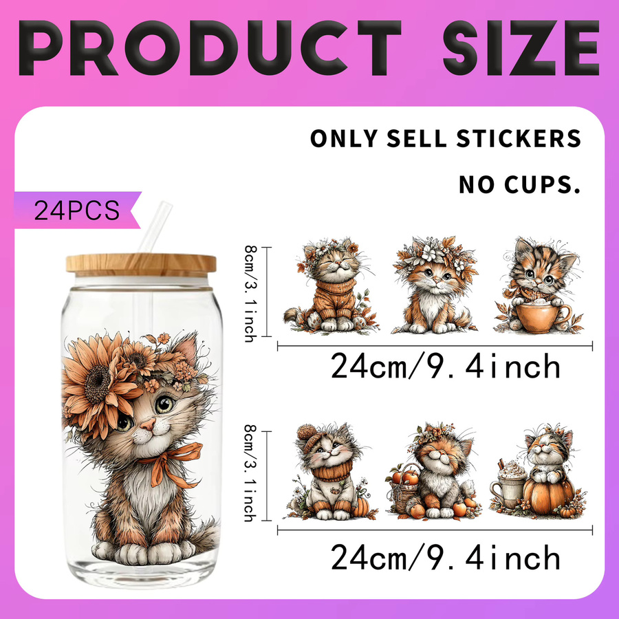 24er Set UV DTF Transferaufkleber mit herbstlichem Katzen-Design für 16oz Glas-Wasserflaschen, Mehrfarbig - Bild 2