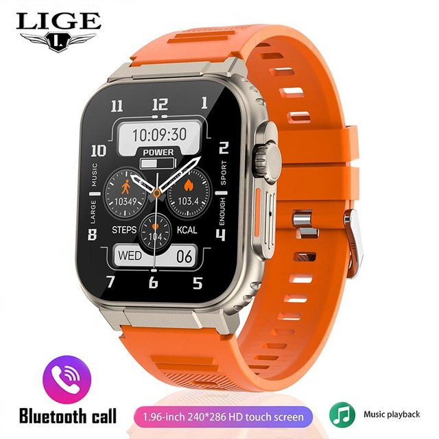 LIGE Smartwatch für Herren mit 600mAh Akku, TWS Musik, Bluetooth Calling, Herzfrequenz- und Blutsauerstoffmessung, Silikonarmband in Orange/Gold - Bild 1