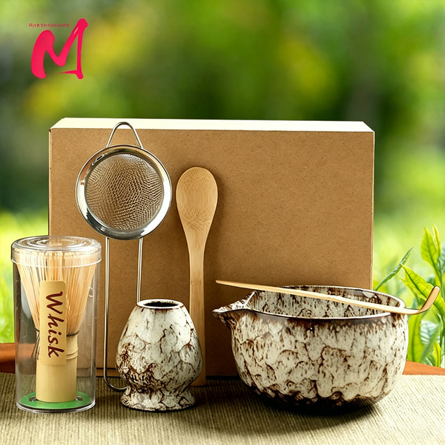 6-teiliges japanisches Matcha Tee-Set von MYVIT aus Bambus in Türkis mit Schale und Zubehör - Bild 1