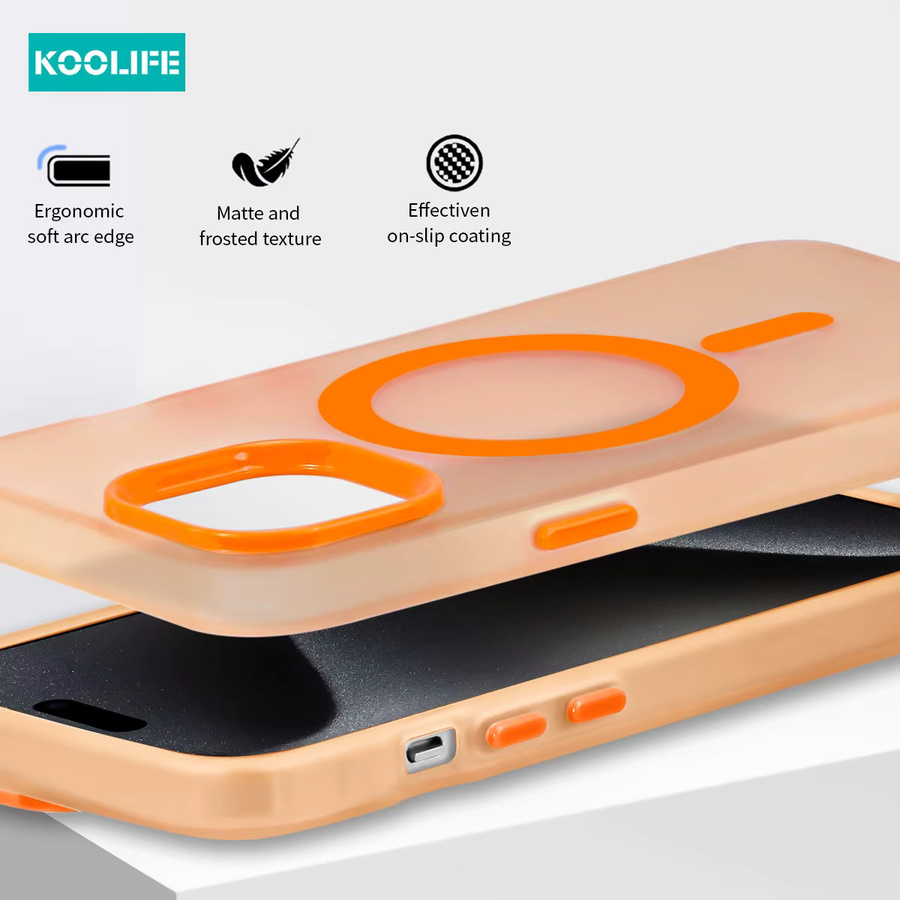 KOOLIFE MagSafe Color Block Frosted Clear Case mit Metallknöpfen für iPhone 11 bis iPhone 16 Pro Max Plus in Transparent, Pink und Orange - Bild 2