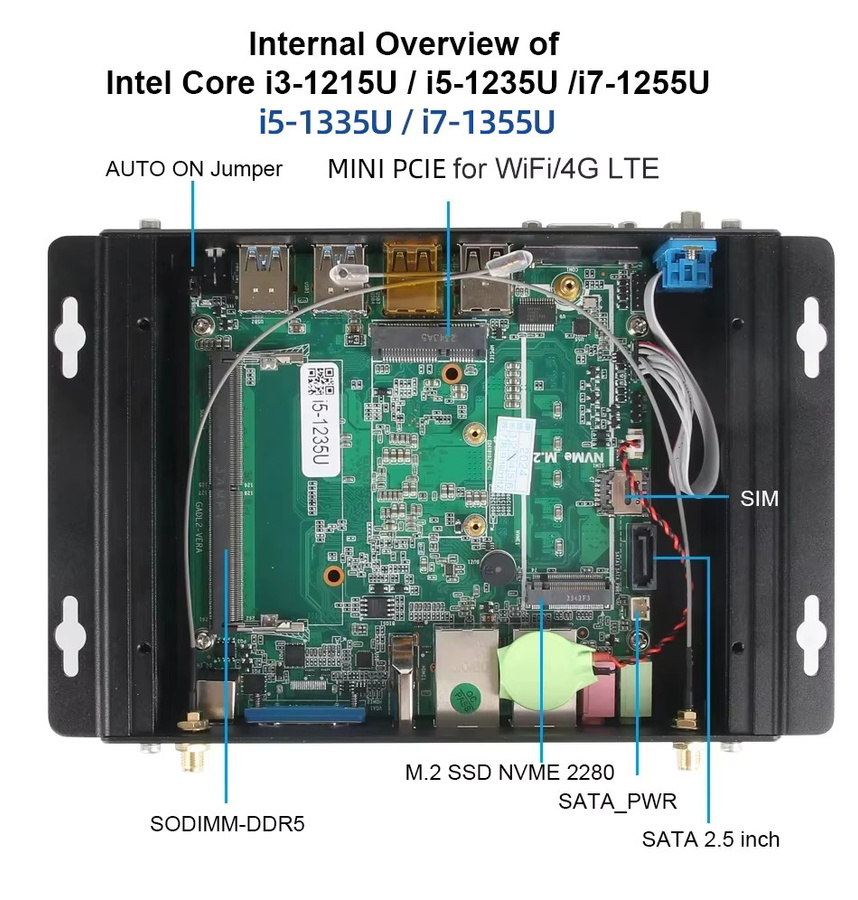 XCY-X58 Lüfterloser Mini-PC IPC mit Intel I5-1335U oder I7-10710U, 2x DB9 RS232, 2x Ethernet, 8x USB, WLAN und 4G Modem, Schwarz - Bild 3
