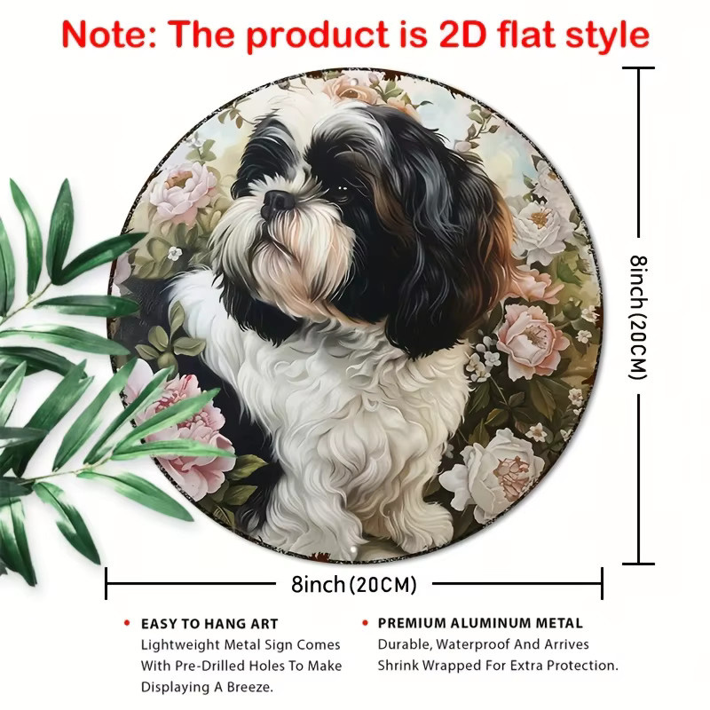 Rundes Aluminium-Metallschild von Potdemiel mit Blumen-Tzu-Hund-Motiv, Durchmesser: 20 cm, Mehrfarbig - Bild 2