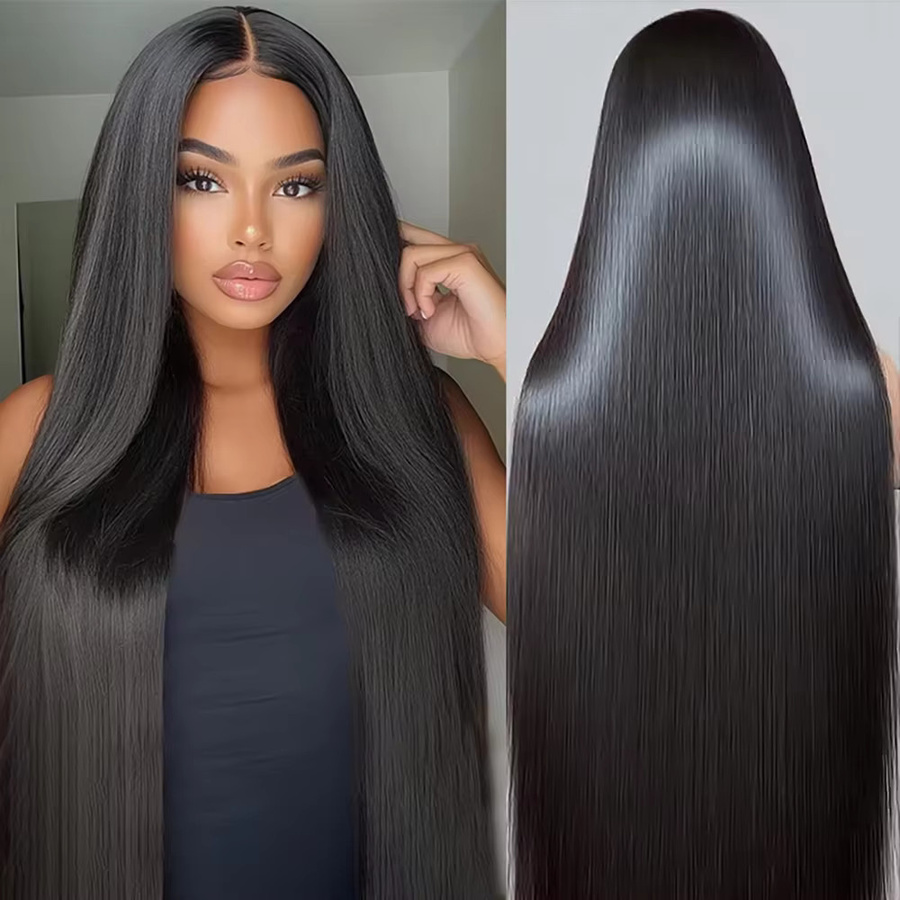 Fuduete Echthaar-Perücke, lange glatte Haare, transparente Spitze, Unisex - Bild 3