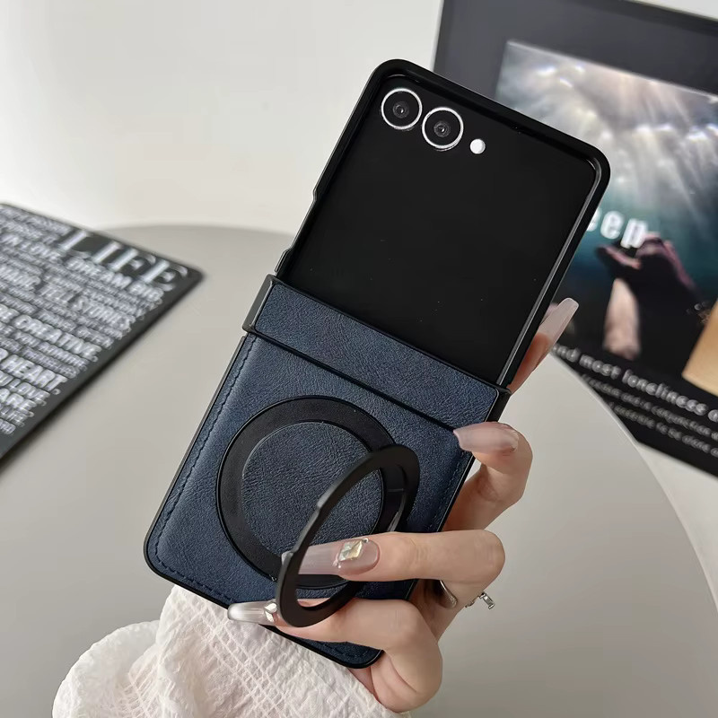 Leder-Schutzhülle mit Scharnierschutz und 360 Grad drehbarem Ringständer für Samsung Galaxy Z Flip 8 7 6 5 4 3, magnetische stoßfeste Handyhülle in Weiß und Grau - Bild 4