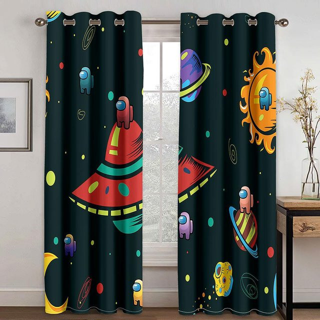 A Family Of Home Textiles Semi-transparente Fenstervorhänge mit 3D-Weltraum-Motiv für Kinder, 2 Paneele, Blau, Breite: 135 cm, Höhe: 245 cm - Bild 1