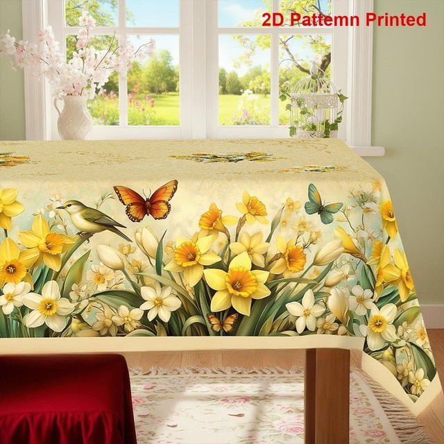 JMG Household Supplies Tischdecke mit Aquarell-Narzissen, floralem Vögel- und Schmetterlingsmuster, Gelb, B/B: 140 x 200 cm - Bild 1