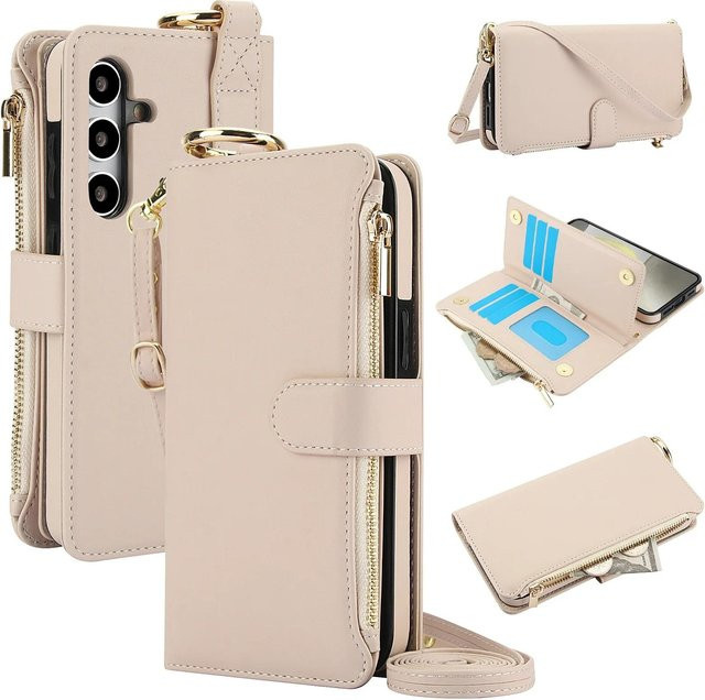 Leder Geldbörse Hülle mit Ring Lanyard und Reißverschluss für Samsung Galaxy S25 Ultra S24 S23 S22 A55 A15 A54 A14 A53 A16 in Beige - Bild 1