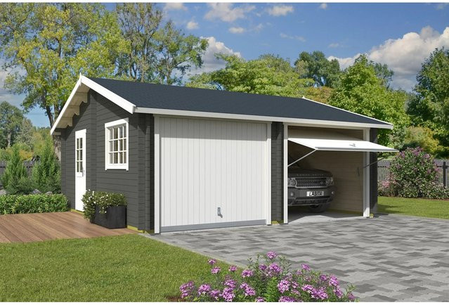 Lasita Maja Blockgarage Falkland Set mit Schwingtoren in Grau-Grün, B/T: 628,6 x 635 cm - Bild 1