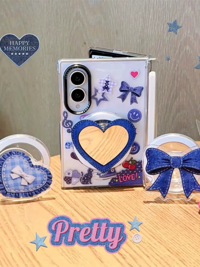 Samsung Handyhülle mit blauem Gingham-Herz-Muster und magnetischem Halterband für Galaxy Z Fold8 Ultra und Fold7 - Bild 1