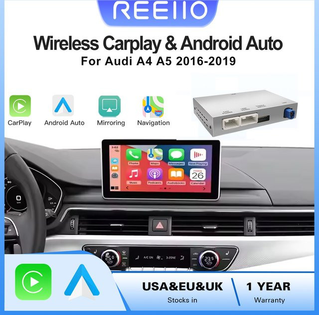 REEIIO Kabelloses CarPlay und Android Auto Interface für Audi A4 B9 und A5 (2016–2018) mit Rückfahrkamera und Multimedia-Funktionen - Bild 1