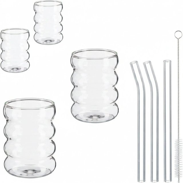 Relaxdays Longdrinkgläser 4er Set aus Glas in Transparent mit Wellenstruktur, 350 ml - Bild 1
