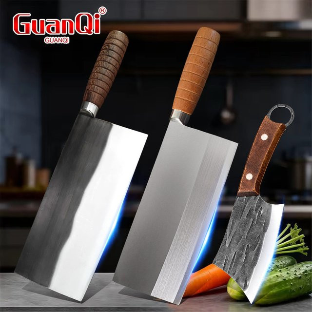 Handgeschmiedetes chinesisches Hackmesser von GuanQi als ultrascharfes Filetiermesser und Kochmesser für Fleisch und Gemüse mit Holzgriff in Silber - Bild 1