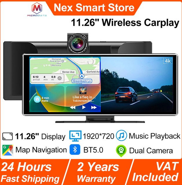 MicroData Wireless Carplay 4K DVR mit 11,26 Zoll HD Touchscreen und Dual-Kamera in Schwarz - Bild 1
