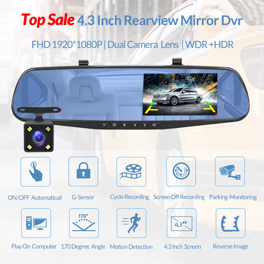 Acceo Mini Rückspiegel Dashcam mit 4,3 Zoll IPS Display, Vorder- und Rückkamera-Recorder, Schwarz - Bild 2