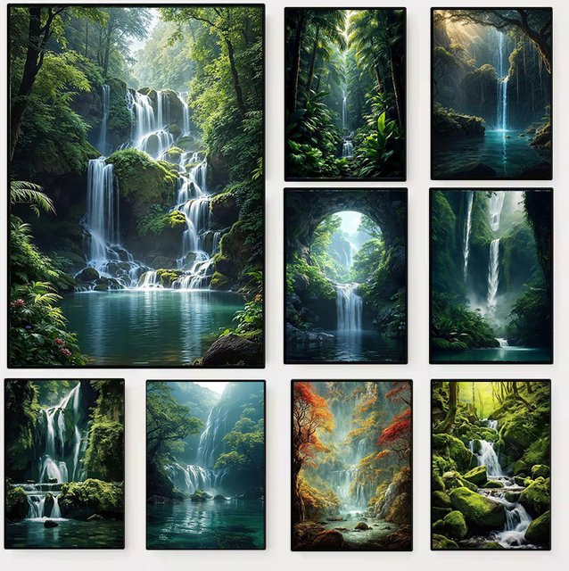 Leinwand Wandbild von Potdemiel mit Naturmotiv Wasserfall und Wald in Grün und Multicolour - Bild 1