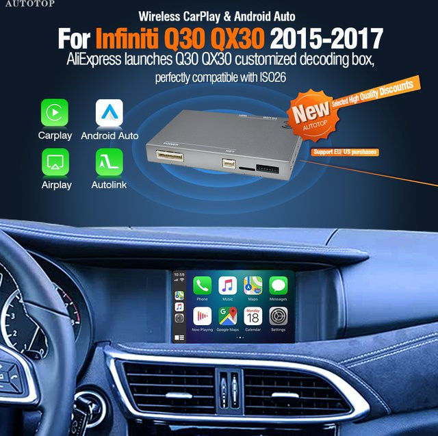 AUTOTOP Kabelloses CarPlay und Android Auto Nachrüstkit für Infiniti QX30 und Q30 (2013-2019) mit MirrorLink, Airplay, AUX und Bluetooth - Bild 1