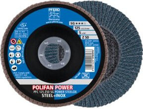 PFERD TOOLS POLIFAN POWER Fächerscheibe PFC SG STEELOX für Stahl und Edelstahl, Blau, Durchmesser: 125 mm, Bohrung: 22,23 mm, Dicke: 12,5 mm - Bild 1