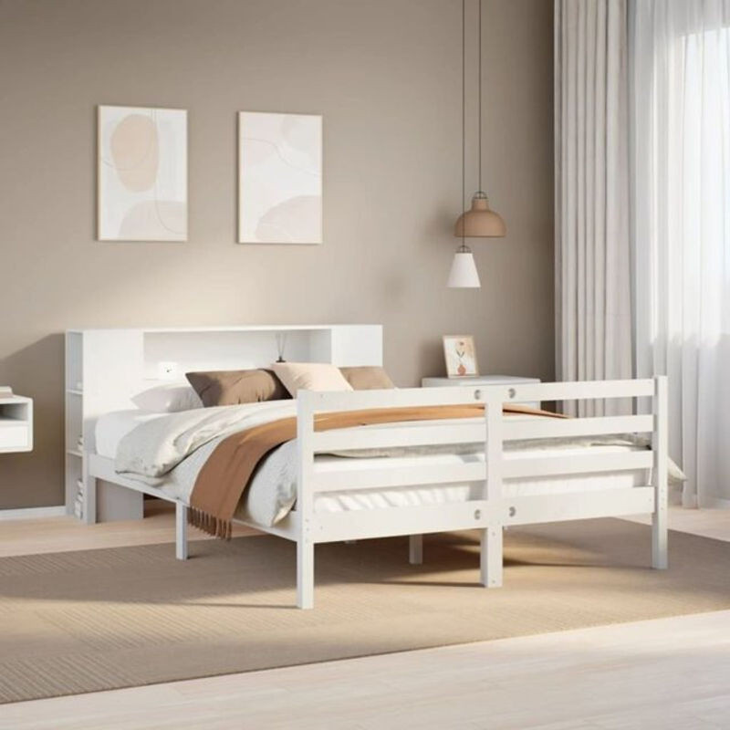Massivholzbett Vidaxl aus Kiefer mit Regal in Weiß, B/T/H: 150 x 200 cm - Bild 1