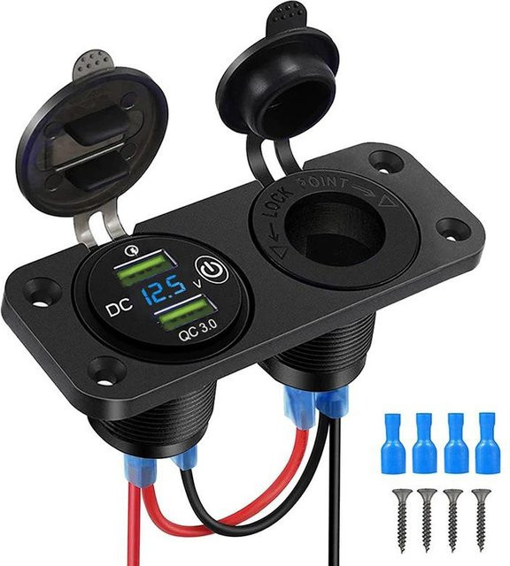 YJMP Auto Parts 2-in-1 Panel Dual QC Autoladegerät mit Quick Charge 3.0, USB-A und USB-C, Wasserdichtes 12V/24V Zigarettenanzünder-Panel mit LED-Voltmeter und Berührungsschalter, Schwarz - Bild 1