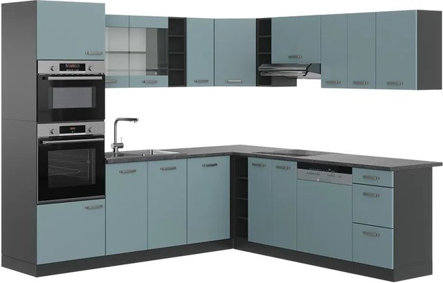 Vicco R-Line Eckküche modern in Anthrazit, Blau und Grau aus Spanplatte, B/T/H: 247 x 60 x 237 cm - Bild 2