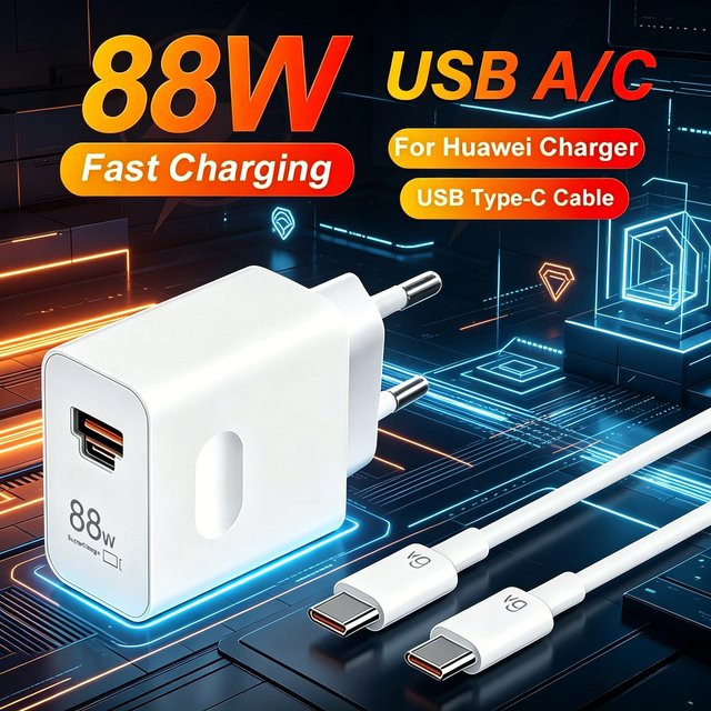 Huawei 88W Dual-Port Ladegerät mit USB-A und USB-C Typ-C Kabel in Weiß - Bild 1