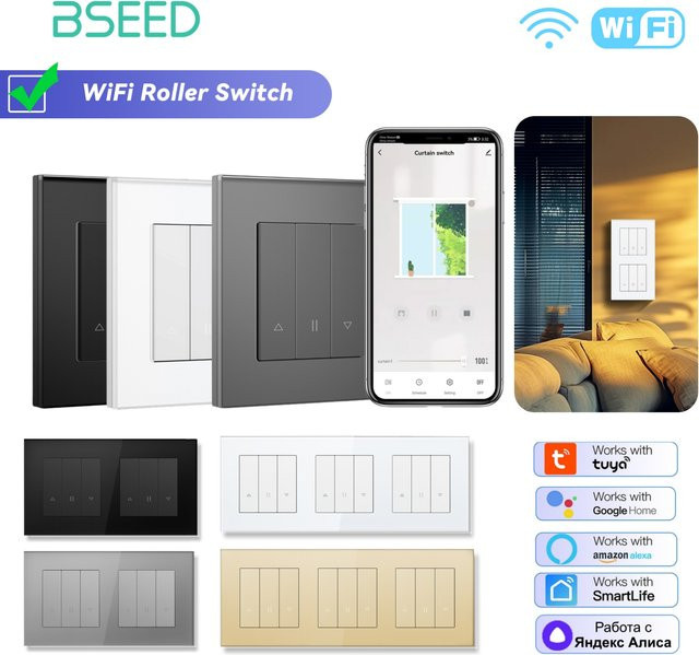 BSEED E-Serie Smart Blind WiFi Shutter Switch mit Glasrahmen für Tuya Google Home und Amazon Alexa in Weiß oder Schwarz - Bild 1