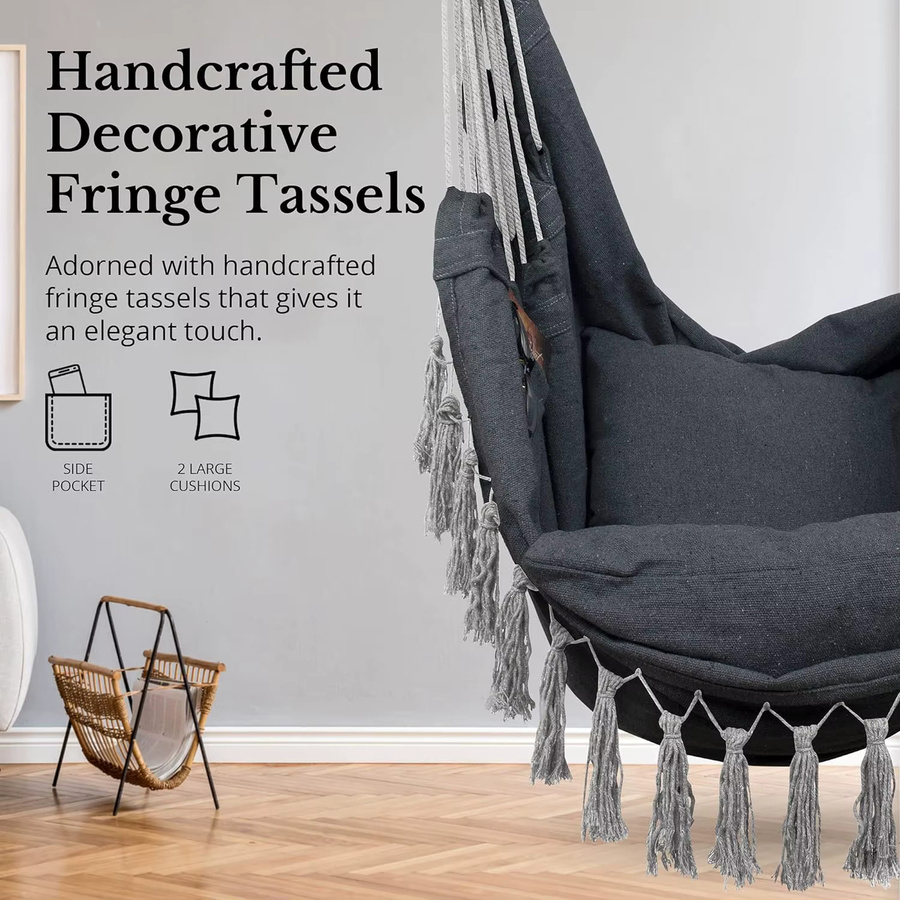 Makramee-Hängesessel im Boho-Design mit 2 Kissen, Egg-Schaukel aus Baumwollseil und Holz in Schwarz und Grau für Innen und Außen - Bild 3
