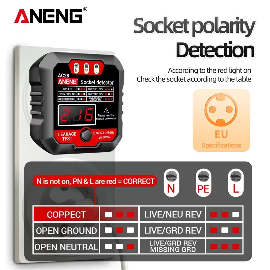 ANENG Steckdosentester mit Digitalanzeige für US und EU Stecker, Multifunktions-Spannungsprüfer und Polaritäts- sowie Phasenprüfer, Schwarz - Bild 3