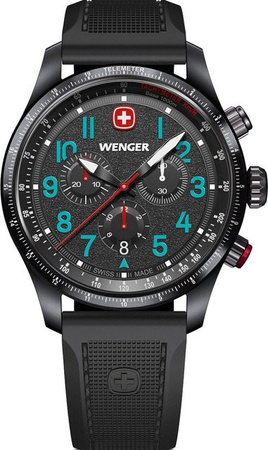 Wenger Chronograph, Quarz, Edelstahl, 43 mm, Silikon, Schwarz, Herren