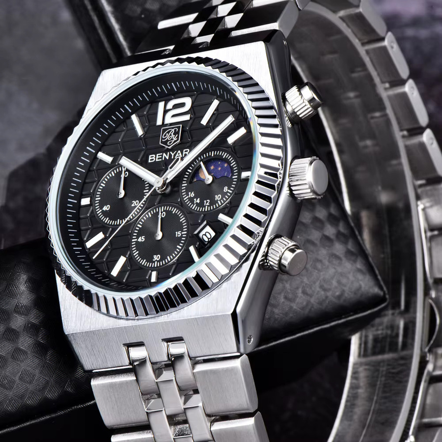 BENYAR Chronograph, Quarz, Edelstahl, Schwarz, Herren - Bild 4