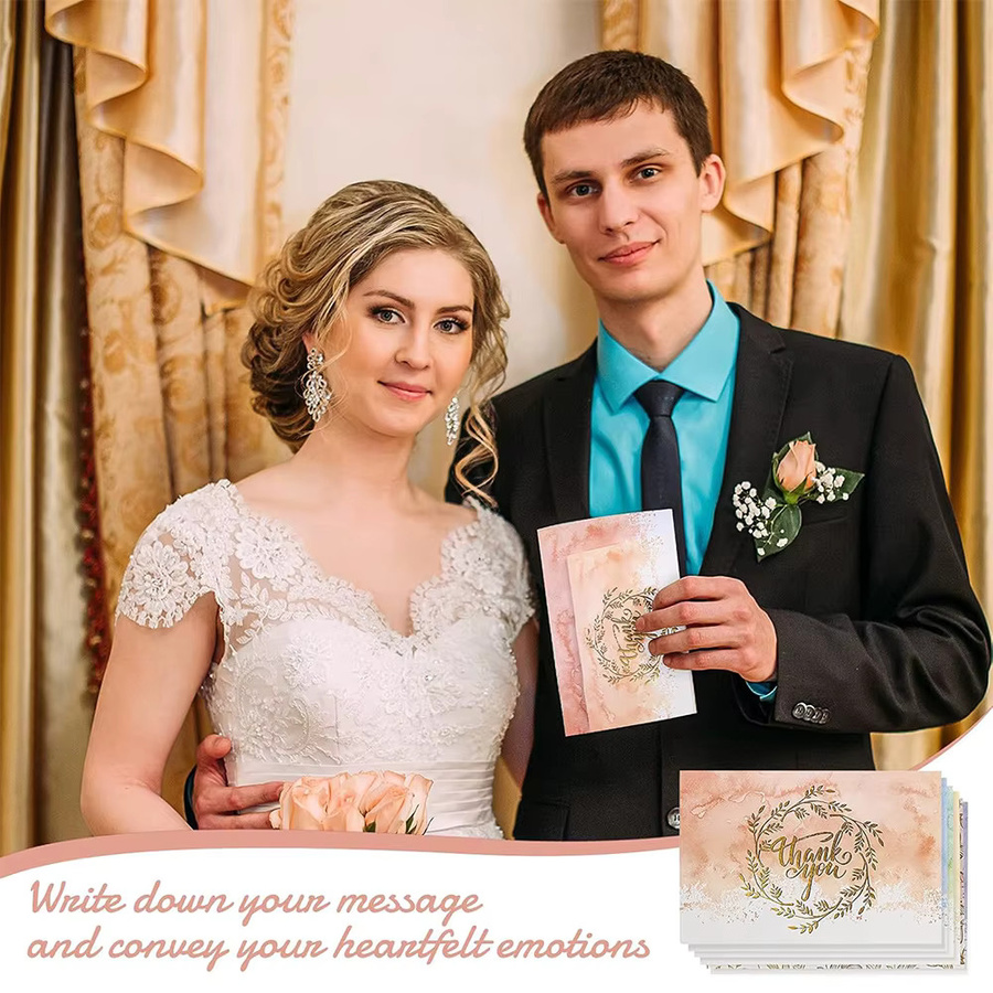 6-teiliges Dankeskarten-Set in Gold und Weiß mit Grußkarten, Briefen, kreisförmigen Umschlägen, Aufklebern und Stempeln für Hochzeiten oder Abschlüsse - Bild 2