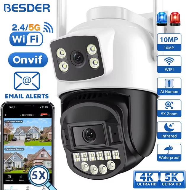 BESDER 5K 10MP Wifi PTZ Outdoor Sicherheitssicherheit IP Kamera mit Dual Screen, AI Menschliche Erkennung und Audio, Farbe: Weiß - Bild 1