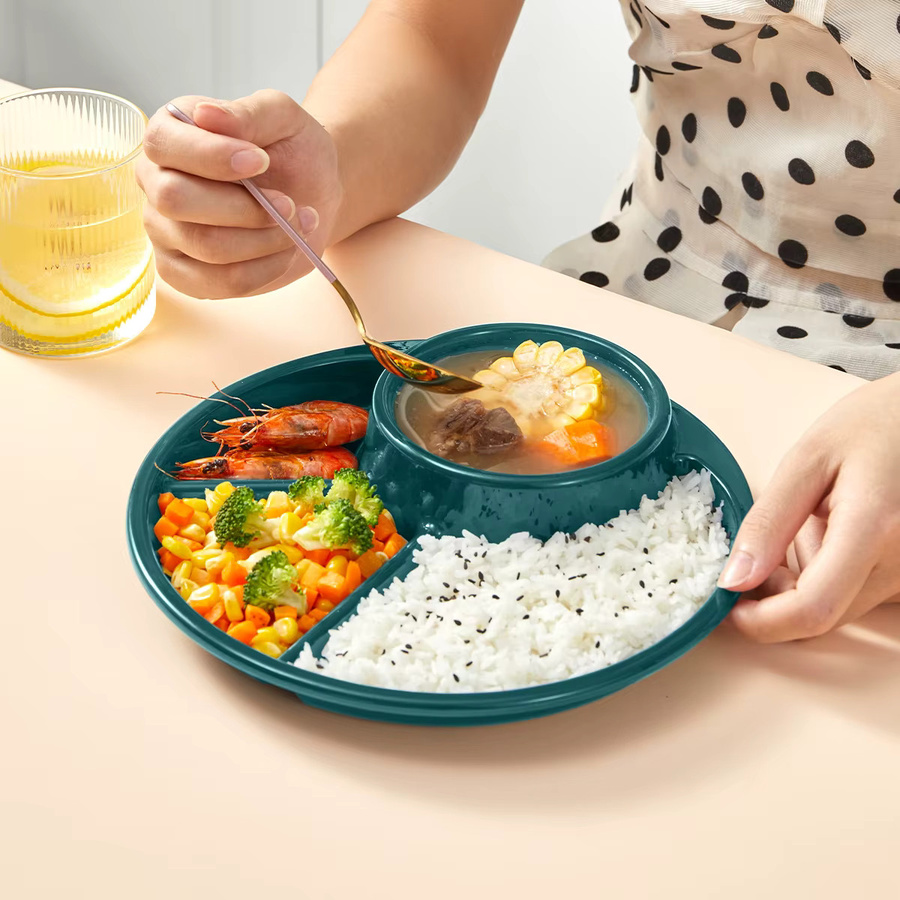 WORTHBUY Runder Salatteller aus Melamin in Pink mit Gabel und Löffel, geteilter Speiseteller für Kinder und Studenten, spülmaschinenfest und mikrowellengeeignet - Bild 3