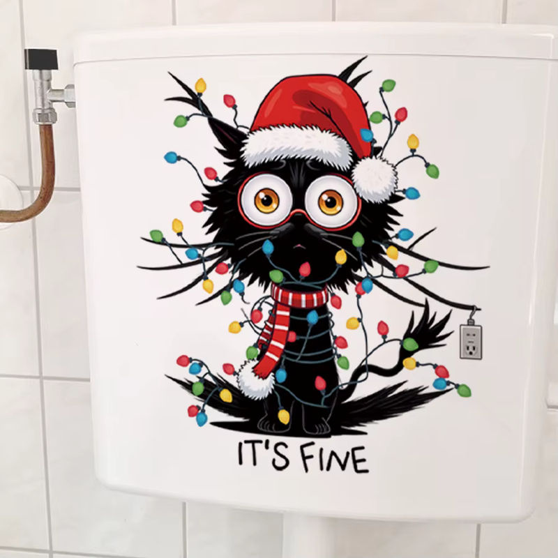 BRUP Weihnachtlicher Toilettenaufkleber mit lustiger Katze und Lichtern, abnehmbarer PVC-Dekor für Badezimmer und Wohnung, Mehrfarbig - Bild 4