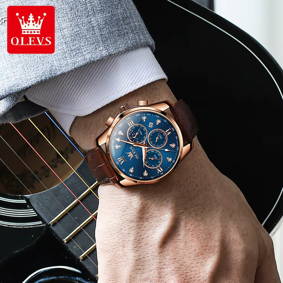 OLEVS Armbanduhr Chronograph, Quarz, Leder, Blau, Herren - Bild 2