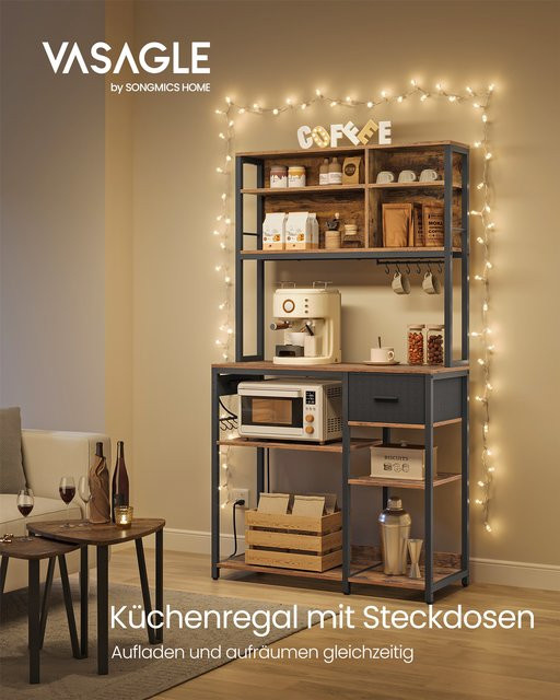 VASAGLE Küchenregal in Braun mit Steckdosen und verstellbaren Ablagen, Standregal mit Stoffschublade, B/T/H: 40 x 100 x 180,4 cm - Bild 1