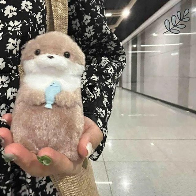Niedlicher Otter mit Fisch-Plüsch-Schlüsselanhänger, Grau - Bild 1