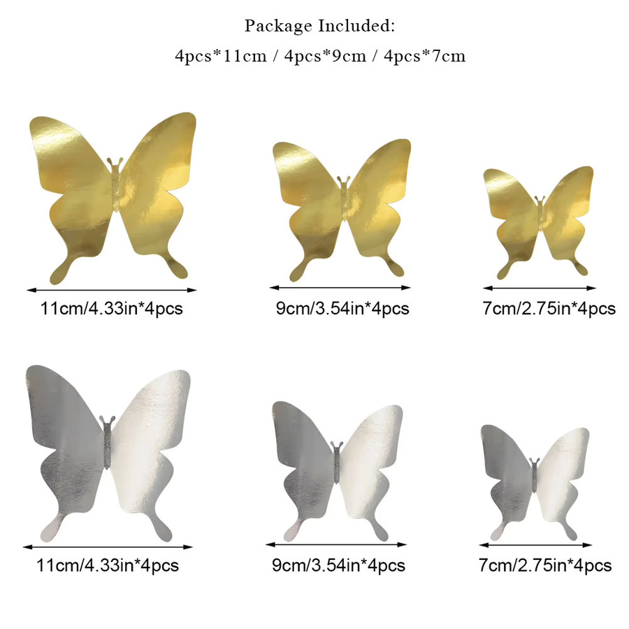 HonC Reflektierende Schmetterling-Wandaufkleber in Gold und Silber, 12 Stück für Hochzeit und Party-Dekoration - Bild 1