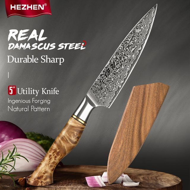 HEZHEN Damaststahl Allzweckmesser aus 67 Lagen mit Holzgriff, 5 Zoll Schälmesser für Obst und Gemüse - Bild 1