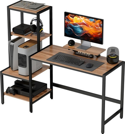 HOMCOM Schreibtisch für Home Office mit Monitorständer, CPU-Ständer und Druckerablage, moderner Computertisch mit 4 Regalen, Braun, B/T/H: 150 x 48 x 125 cm
