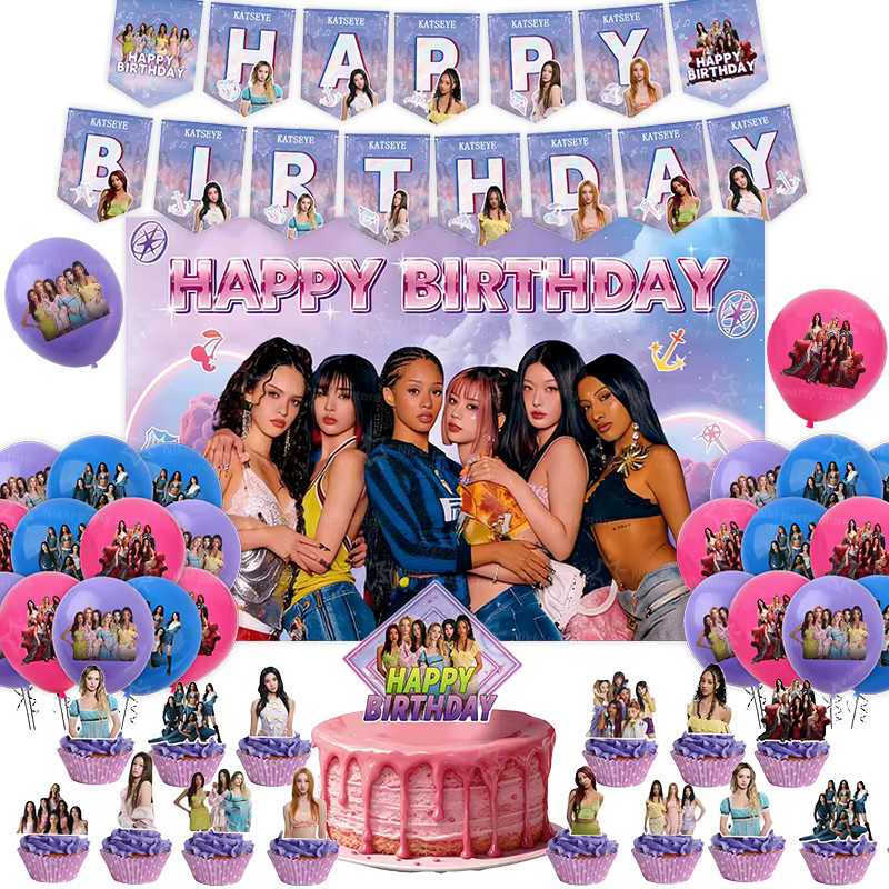 TAKARA TOMY Katseye Geburtstagsdekoration Set mit Sternen in Multicolour inklusive Poster, Ballons, Hintergrundbanner und Kuchendekoration - Bild 4
